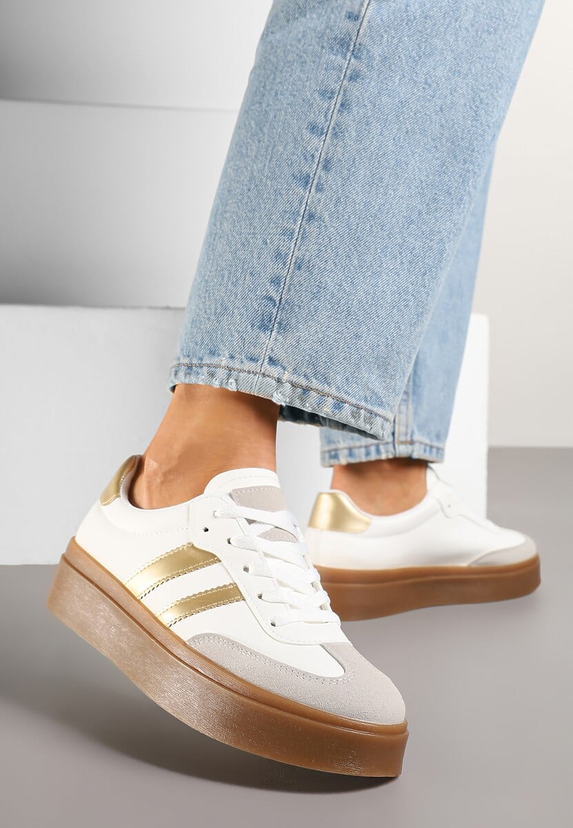 Biało-Beżowe Klasyczne Sneakersy Tenisówki na Niskiej Platformie Denirla