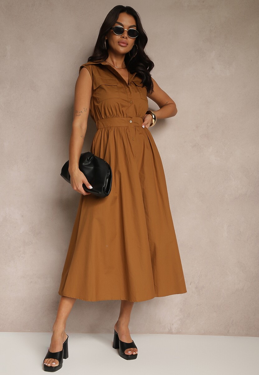 Brązowa Sukienka Koszulowa z Bawełny Ozdobiona Kieszonkami Saviette