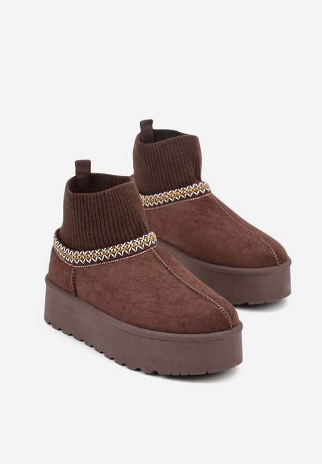 Brązowe Śniegowce VICES na Platformie ze Skarpetkową Cholewką i Haftem Ebentia