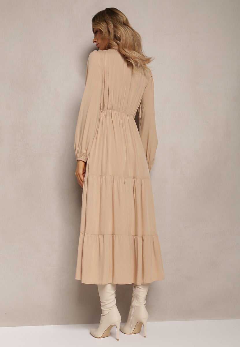 Beżowa Sukienka Rozkloszowana z Falbanką i Koronką Kiaya