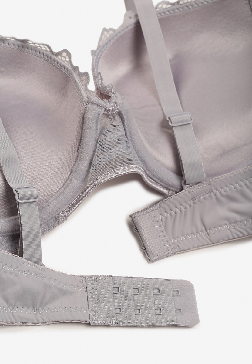 Szaro-Różowy Biustonosz Push Up z Ozdobną Koronką i Zawieszką Gialine