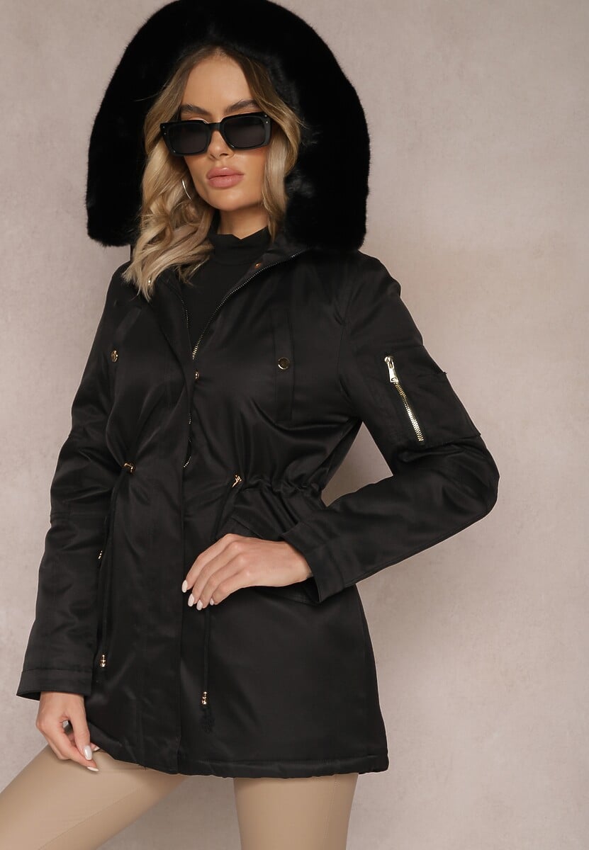 Czarna Kurtka Parka z Kapturem i Ozdobnym Futerkiem Dioneta