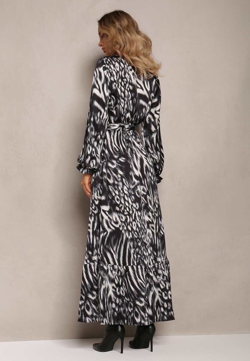 Szara Rozkloszowana Sukienka z Gumką w Talii i Kopertowym Dekoltem Janiis