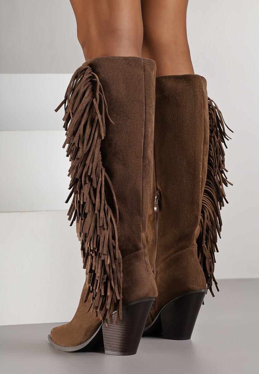Brązowe Kozaki Kowbojki z Imitacji Zamszu z Frędzlami i Stożkowym Obcasem Rafilea