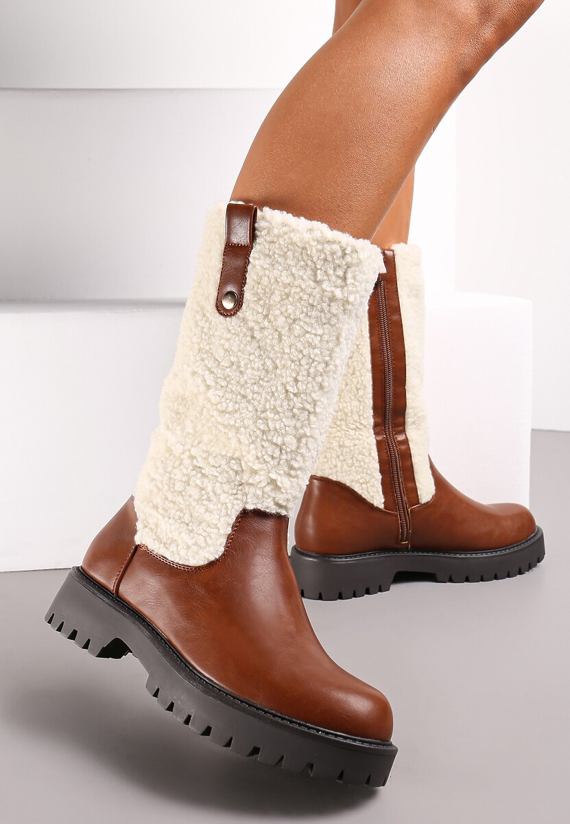 Brązowe Płaskie Botki z Cholewką z Ciepłego Kożuszka Cirillo