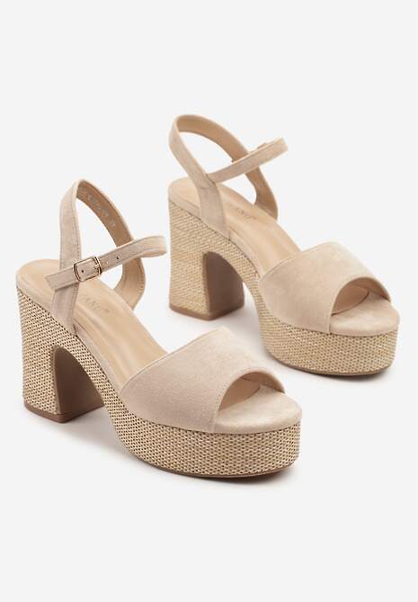 Beżowe Sandały na Słupku z Platformą z Motywem Plecionki Sorliza