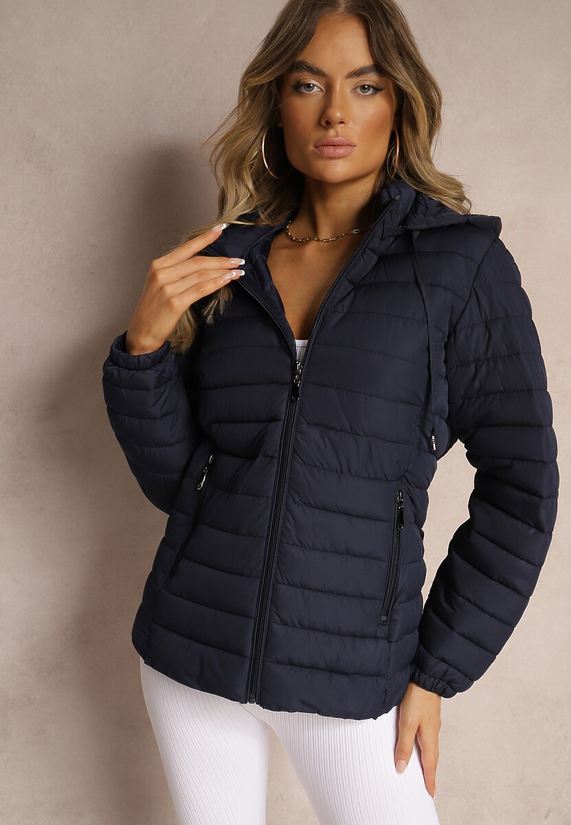 Granatowa Kurtka Ozdobiona Pikowaniem Wykończona Sznurkami i Kapturem Mivissa
