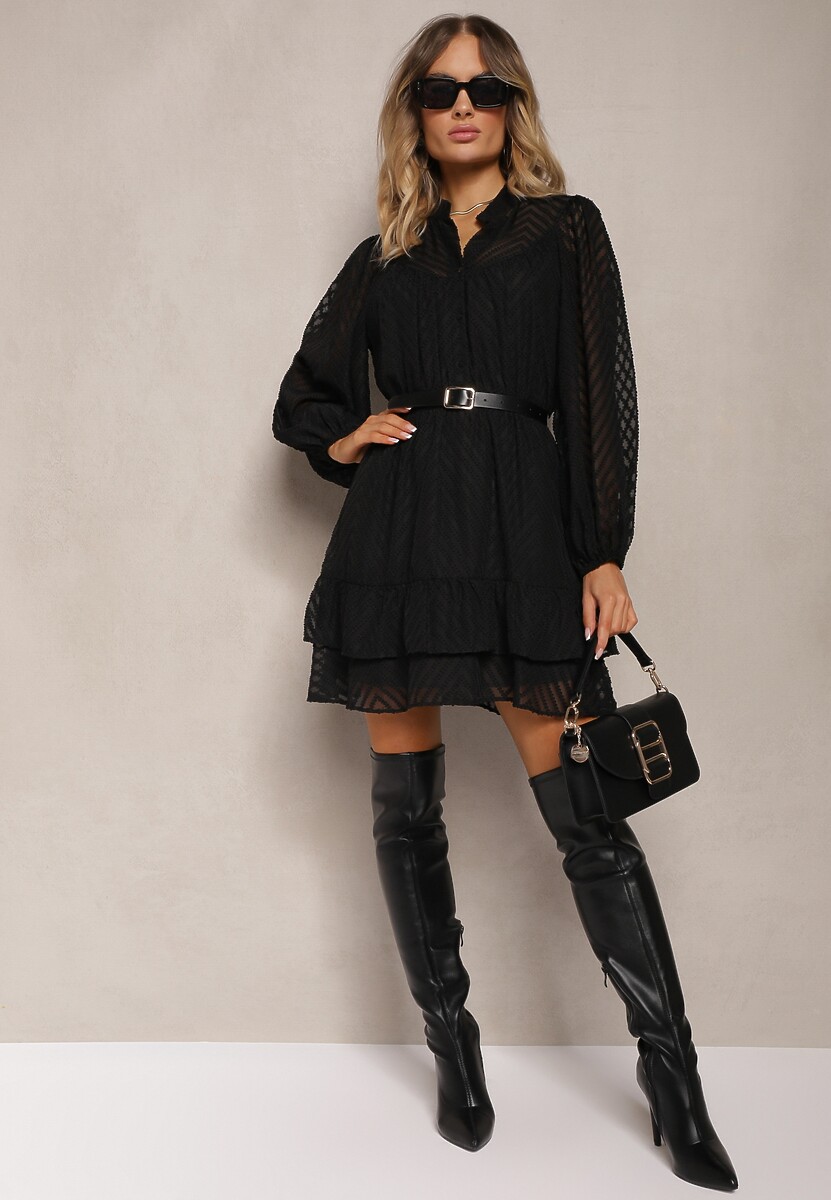 Czarna Sukienka Mini w Skośne Paski o Rozkloszowanym Fasonie z Gumką w Talii Tennari