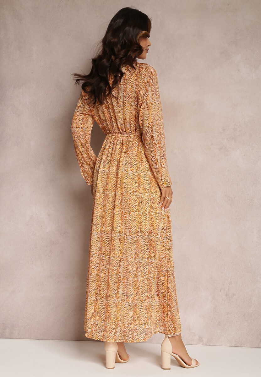 Pomarańczowo-Żółta Rozkloszowana Sukienka z Metaliczną Nitką i Sznurkiem Vivlit