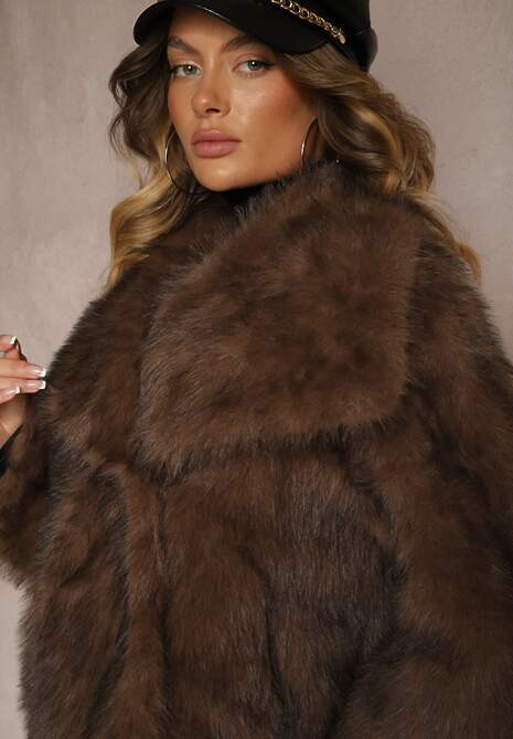 Brązowa Elegancka Kurtka Futerko z Kołnierzem Vertirida