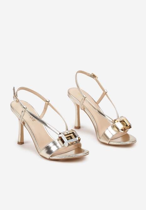 Złote Eleganckie Sandały na Obcasie z Ozdobnym Kamieniem i Paskami Aridwenna