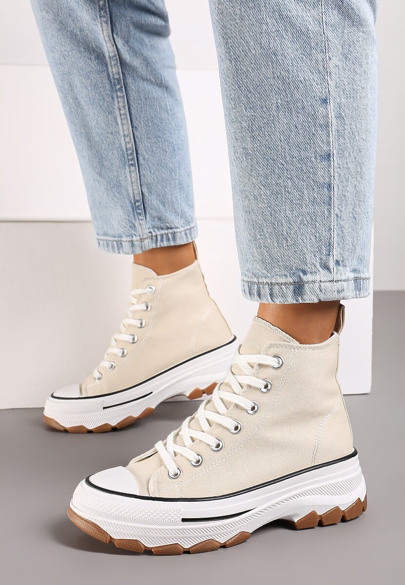 Ciemnobeżowe Casualowe Trampki za Kostkę na Grubej Platformie Tiaelina