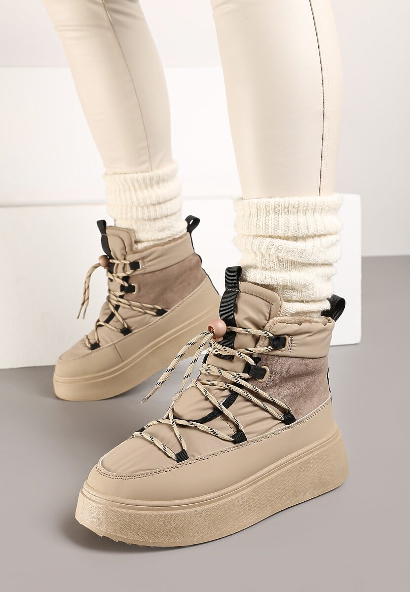 Beżowe Sznurowane Śniegowce Mocno Ocieplane na Platformie Tinnacia
