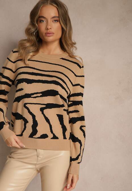 Ciemnobeżowy Klasyczny Sweter w Zebrę Unarella