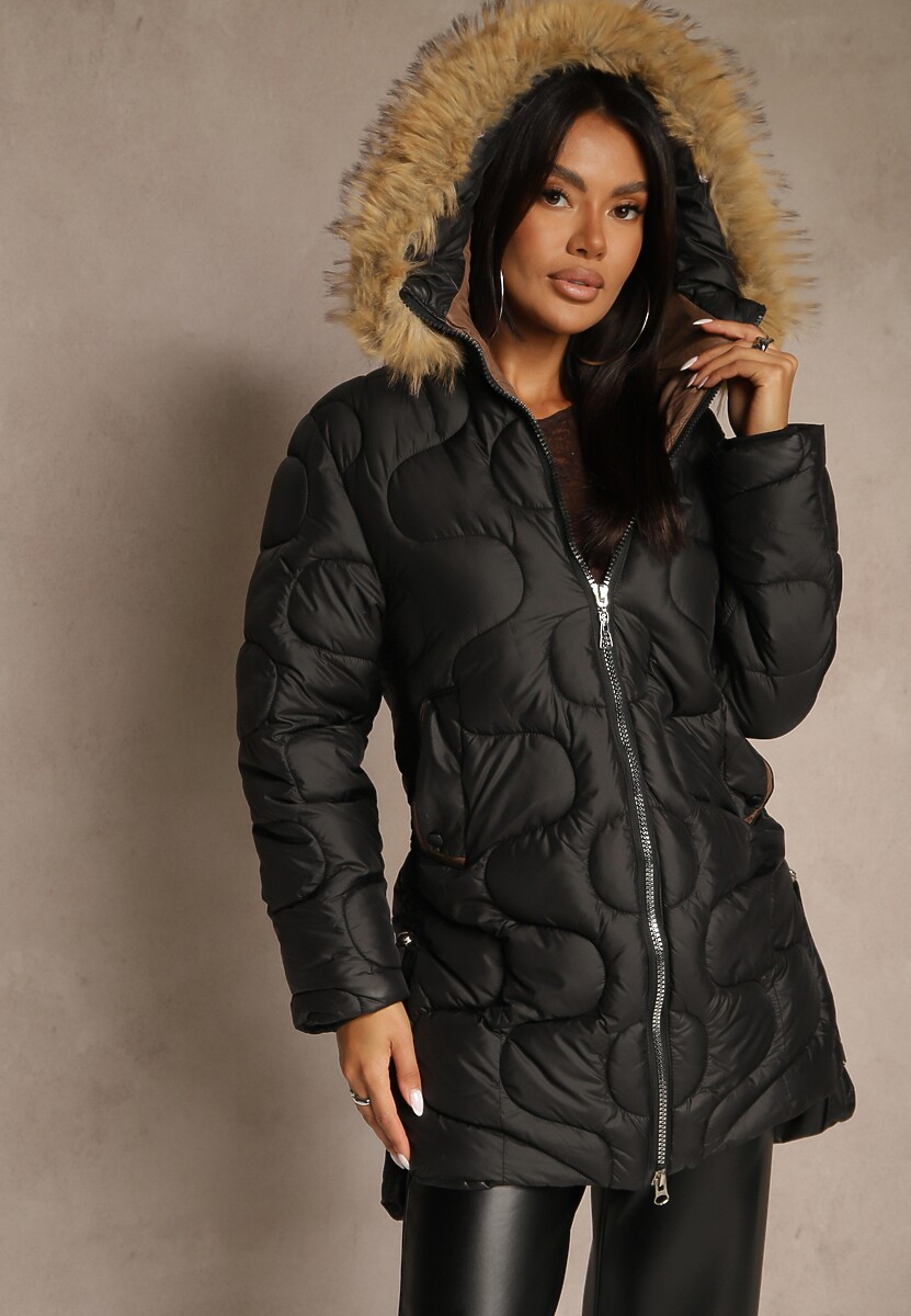Czarna Pikowana Kurtka z Kapturem z Futerkowym Zdobieniem Olinedia