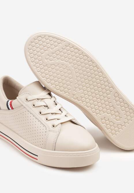 Beżowe Sneakersy Tenisówki ze Skóry Naturalnej Zdobione Perforacją Tillirene