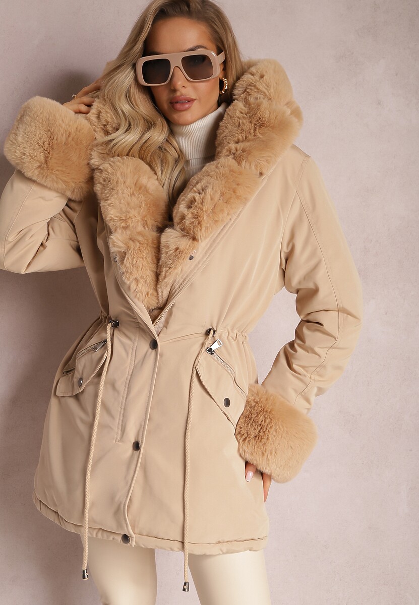 Beżowa Kurtka Parka ze Ściągaczem i Kapturem z Futerkiem Bellad