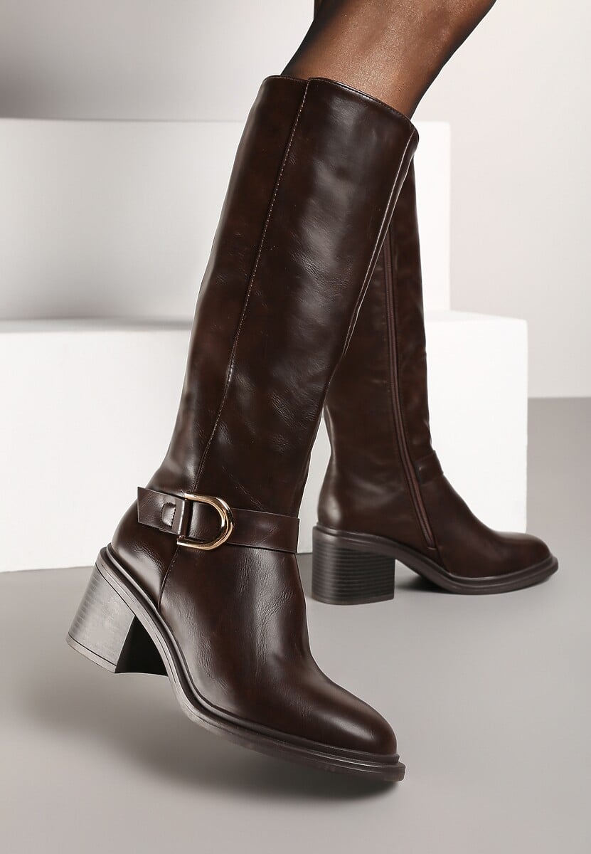 Czarne Kozaki na Słupku z Ozdobną Klamrą i Paskiem Miavirae