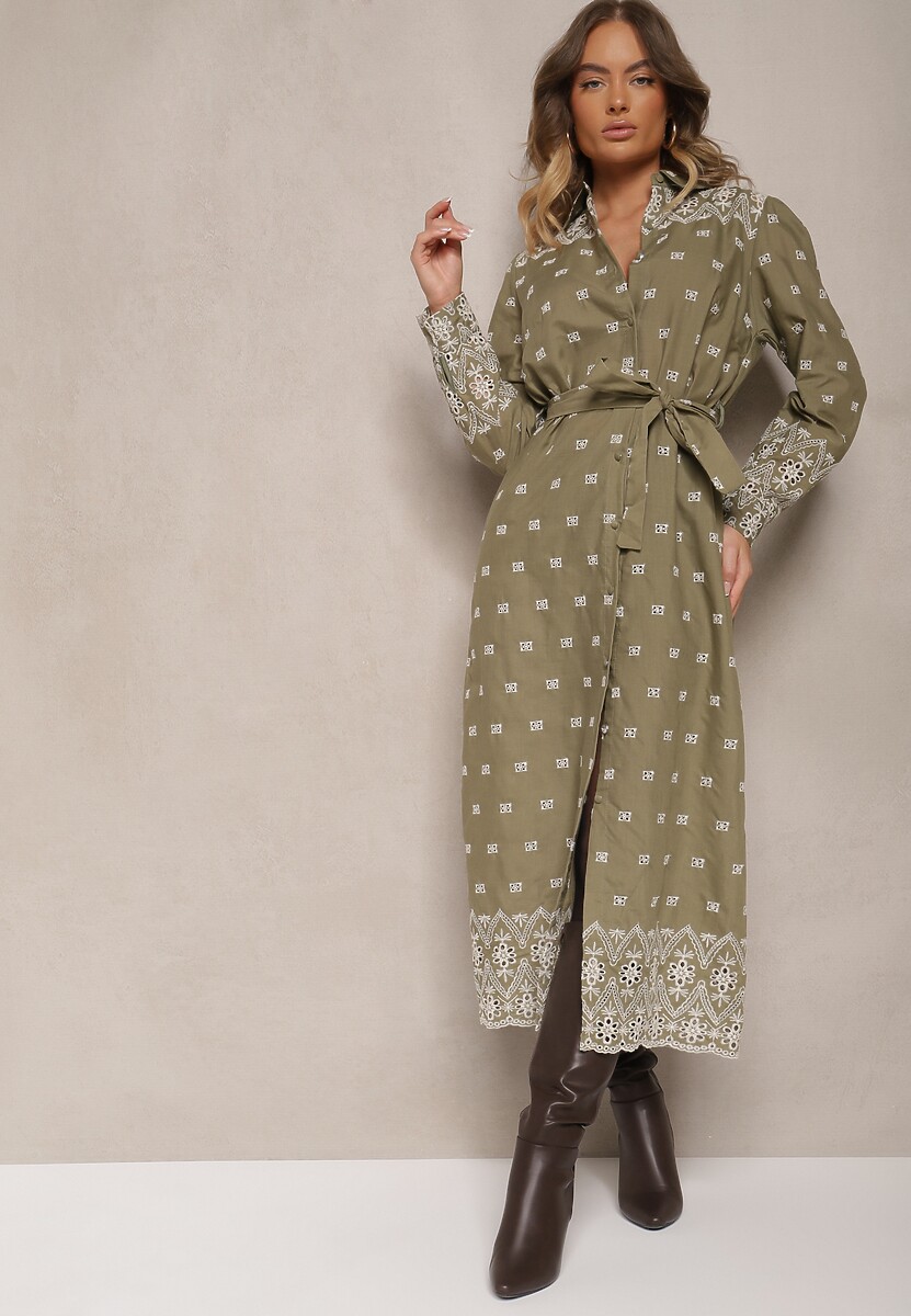 Jasnobrązowa Koszulowa Sukienka Zdobiona Haftowanym Wzorem Wiązana w Pasie Tinnora
