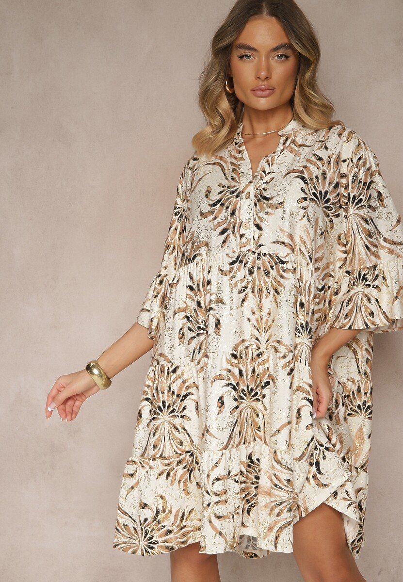 Brązowa Sukienka z Lnem o Rozkloszowanym Kroju Zdobiona Metalicznym Nadrukiem Filinwena