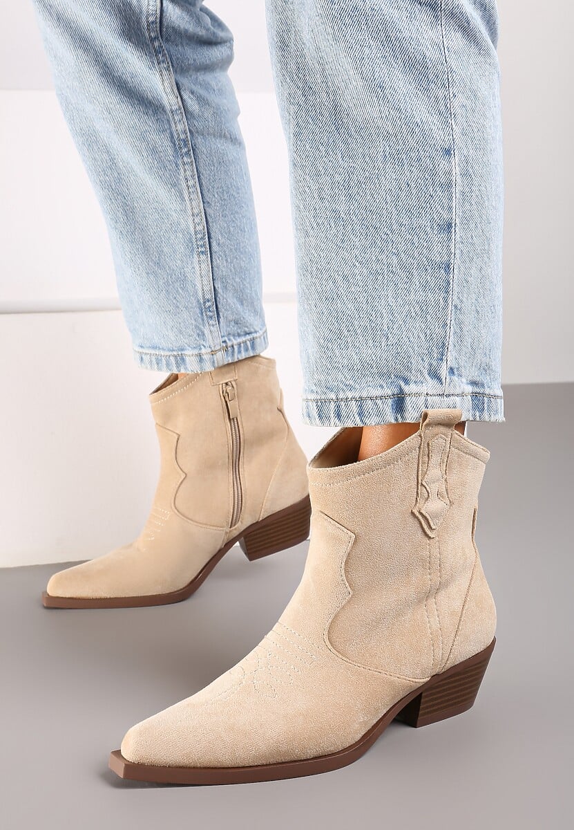 Beżowe Botki na Słupku w Stylu Kowbojek Zapinane na Suwak Evirene