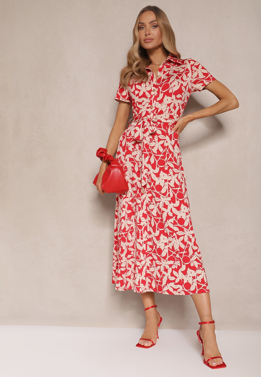 Czerwona Kwiecista Sukienka z Wiskozą o Koszulowym Kroju z Wiązanym Paskiem Zeranella