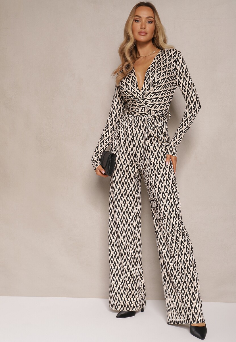 Czarny Kombinezon z Kopertowym Dekoltem Paskiem i Geometrycznym Printem Sarilen