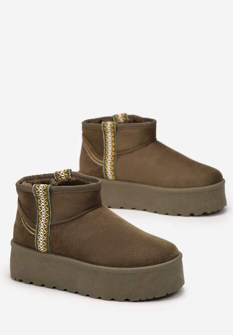 Zielone Śniegowce na Wsuwanie z Ozdobnym Paskiem i Grubą Podeszwą Veonli