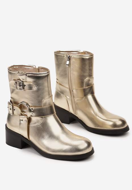 Złote Botki Bikery Ozdobione Paskami i Okrągłą Klamrą Warasa