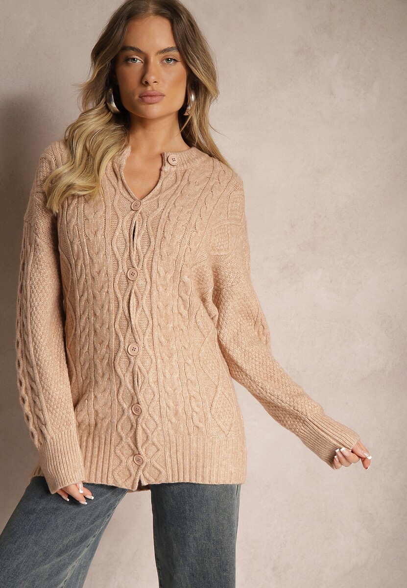 Ciemnobeżowy Kardigan na Guziki z Ozdobnym Splotem Alorinda