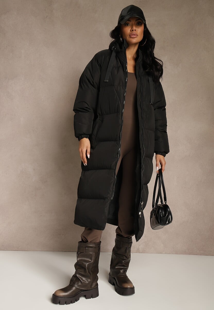 Czarna Długa Kurtka Pikowana z Kapturem Serea
