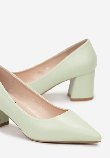 Zielone Jednolite Czółenka z Imitacji Skóry na Niskim Słupku Drema