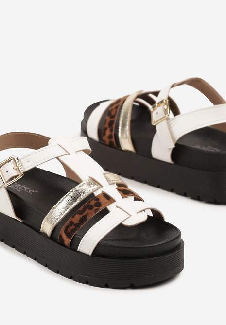 Białe Sandały na Platformie Ozdobione Paskami i Wzorem w Panterkę Melrive