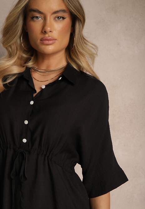 Czarna Wiskozowa Sukienka o Koszulowym Kroju z Wiązaniem w Talii Nanovias