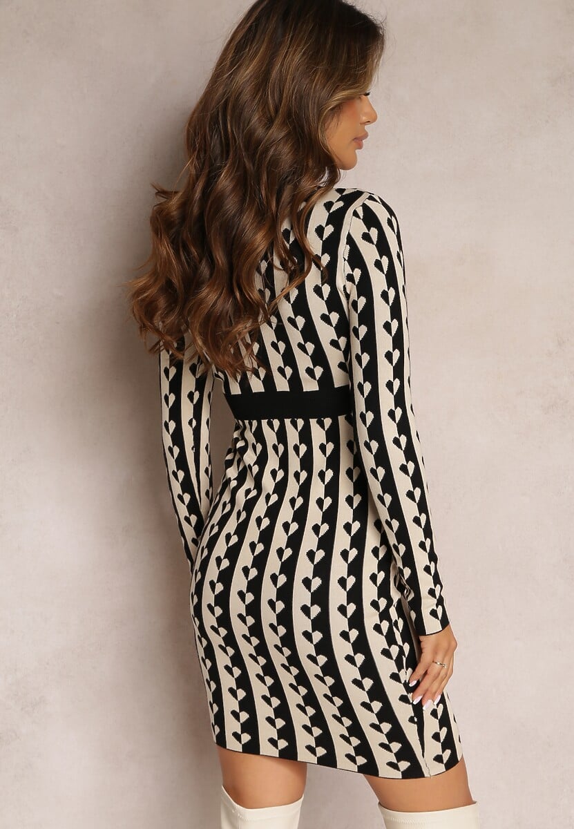 Beżowa Dopasowana Sukienka Dzianinowa w Geometryczny Wzór Grimau