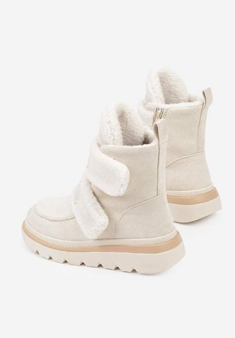 Beżowe Botki Typu Śniegowce na Platformie z Dwoma Ozdobnymi Rzepami Edarlia