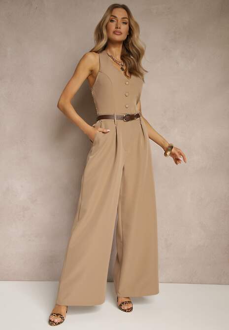 Ciemnobeżowy Taliowany Kombinezon z Guzikami Nilaviella