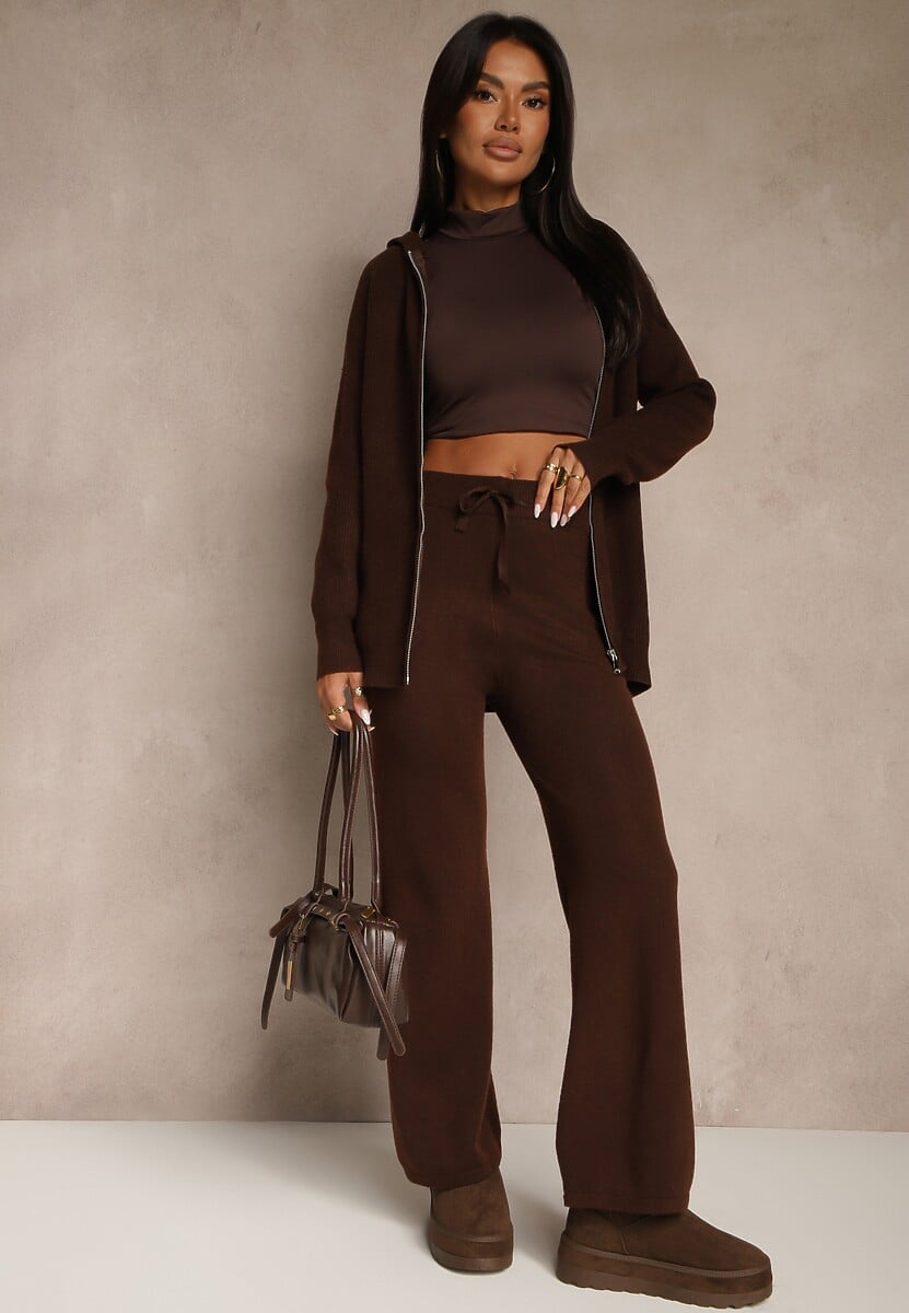 Brązowy Dzianinowy Komplet Dresowy z Wełną Bluza z Kapturem i Spodnie Essana