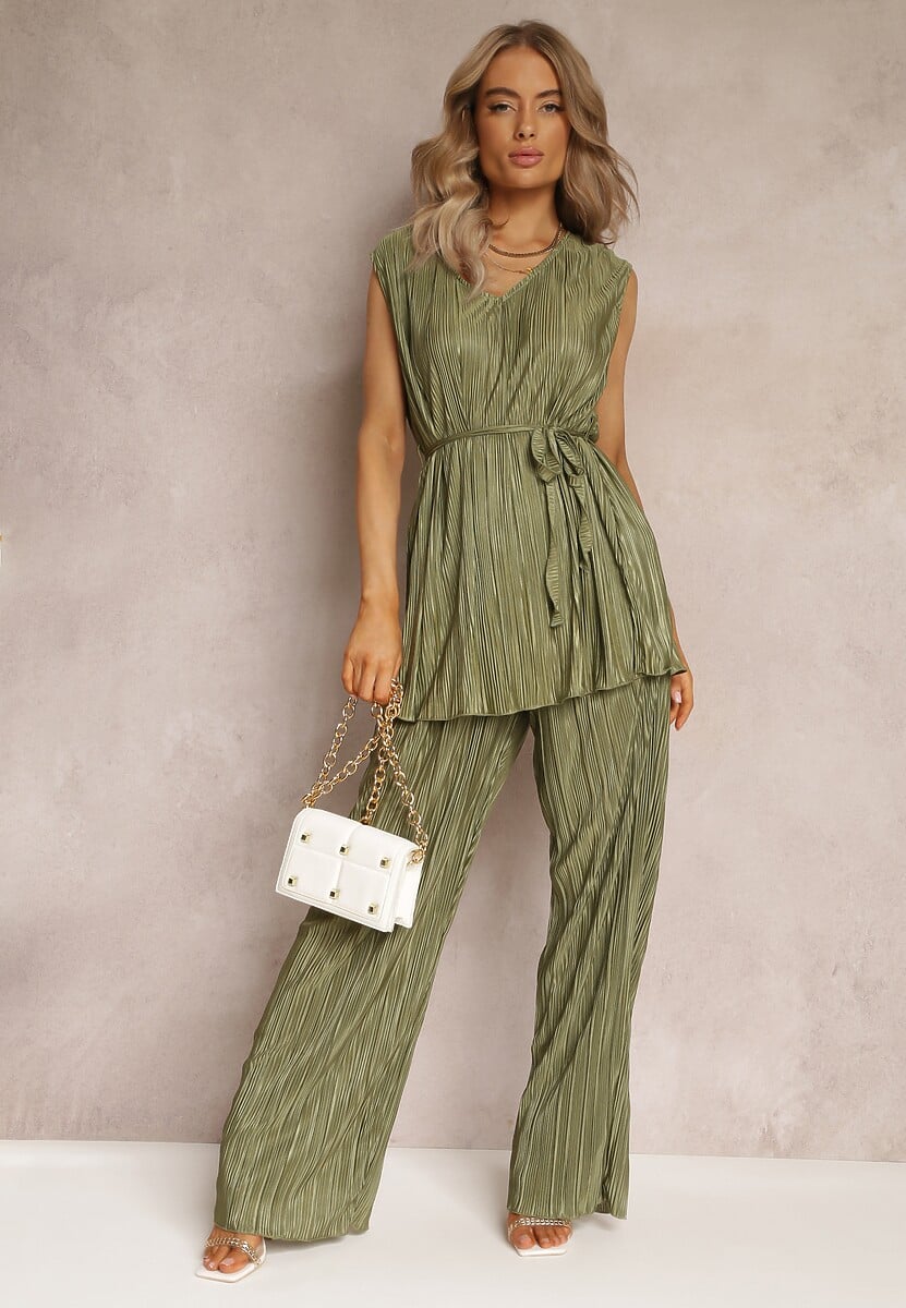 Zielony Plisowany 2-Częściowy Komplet Bluzka z Materiałowym Paskiem oraz Szerokie Długie Spodnie Lasion