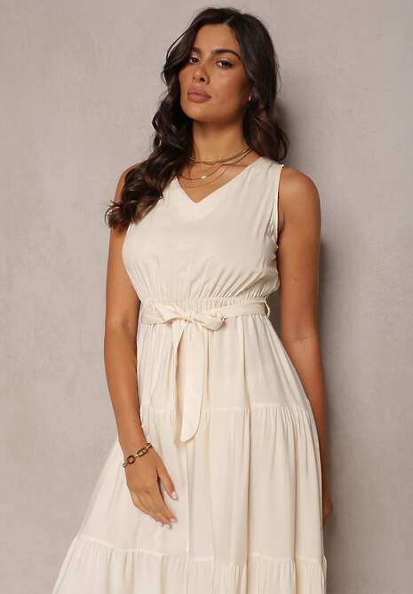 Beżowa Wiązana Sukienka Midi bez Rękawów z Gumką w Talii Mideyo