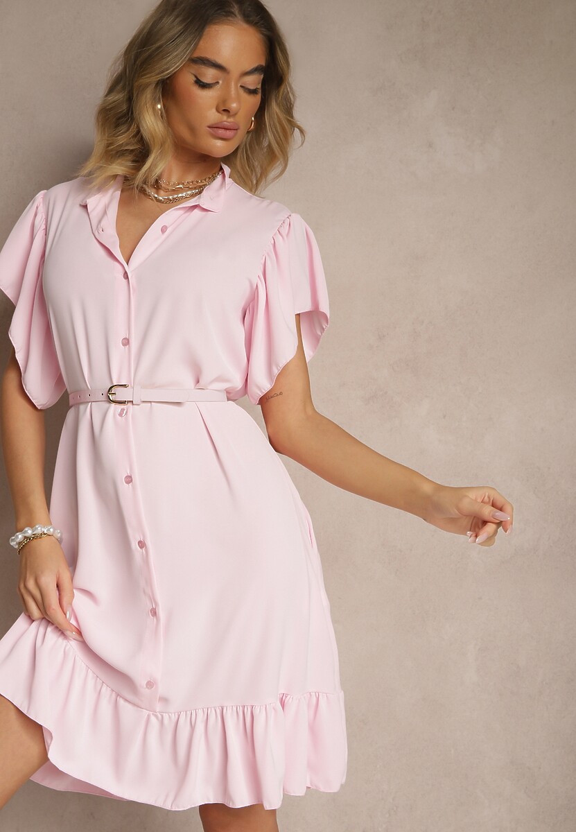 Jasnoniebieska Koszulowa Sukienka Ozdobiona Falbankami i Guzikami Tenelora