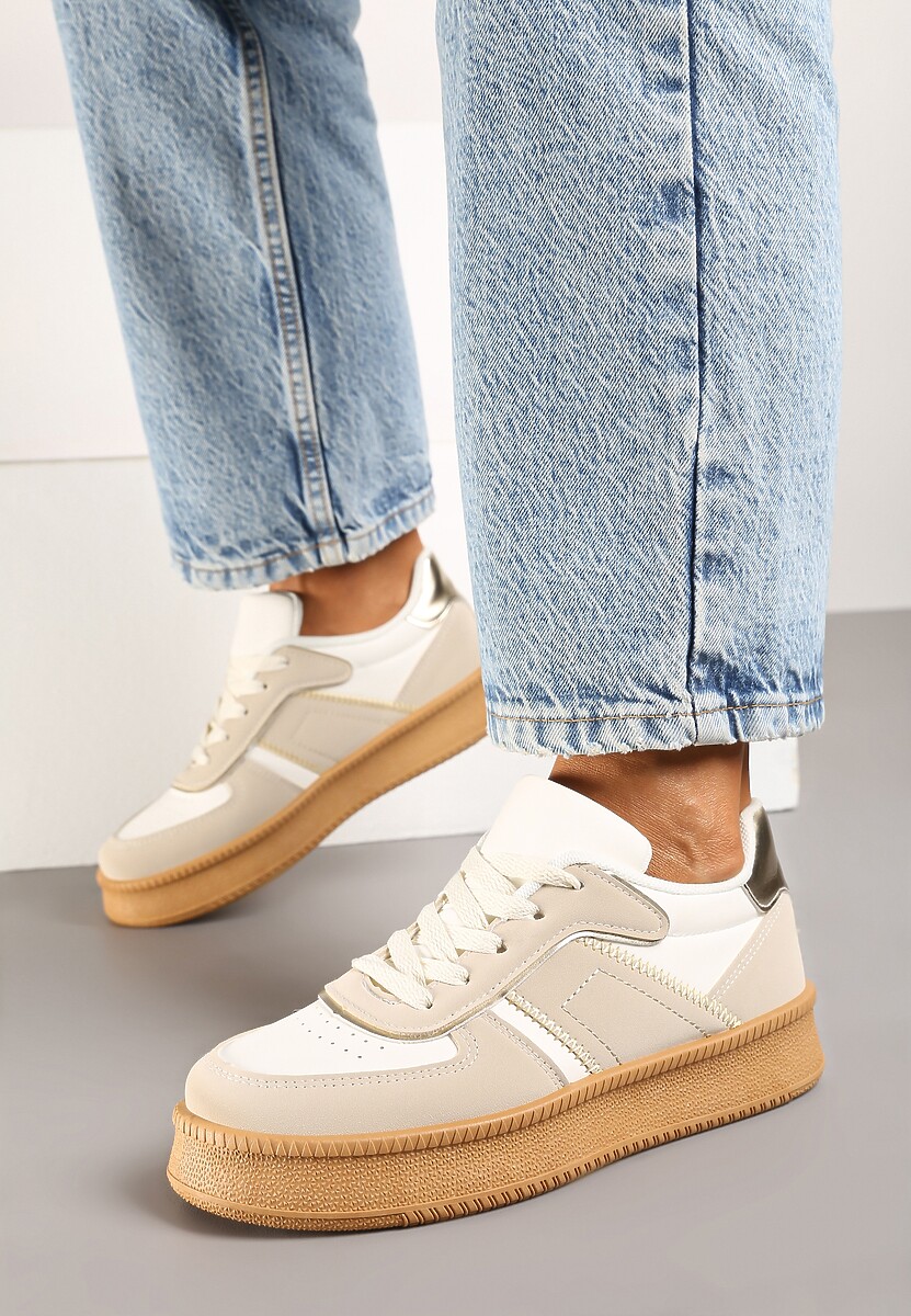 Beżowo-Białe Sneakersy na Płaskiej Podeszwie Ozdobione Przeszyciami i Perforacją Nealiora