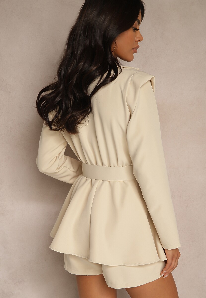 Beżowy Taliowany Kombinezon Imitujący Garnitur z Paskiem i Cyrkoniami Milazi