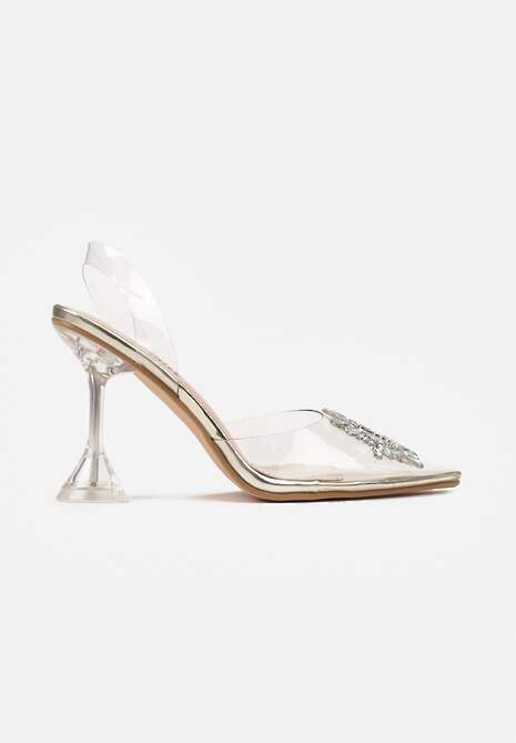 Złote Sandały Transparentne z Cyrkoniami i Obcasem w Typie Klepsydry Vlekoria