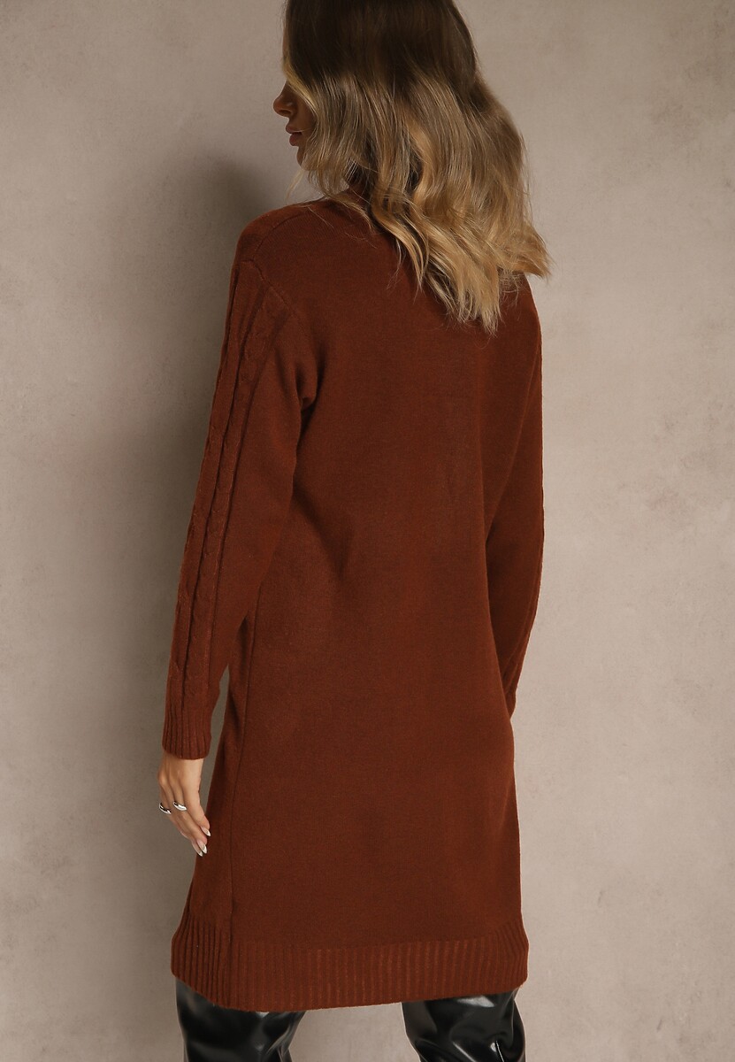 Brązowa Prążkowana Sukienka z Golfem z Dzianiny z Wełną Esandra