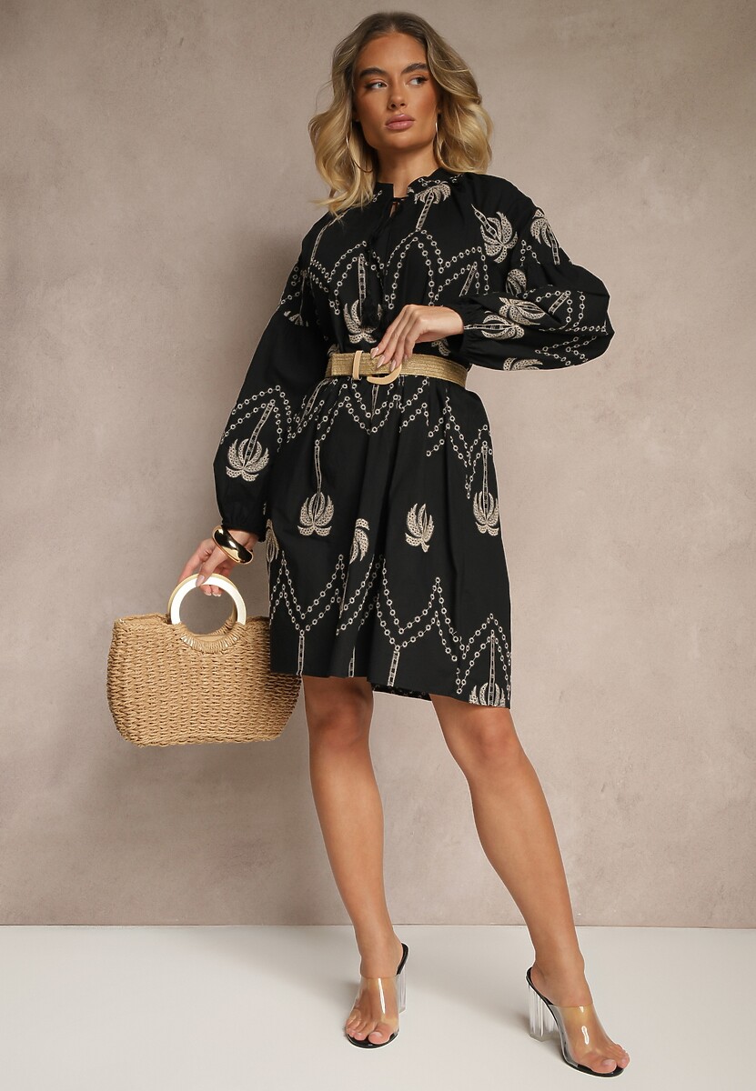 Czarna Bawełniana Sukienka Ozdobiona Palmowym Haftem Sarlio