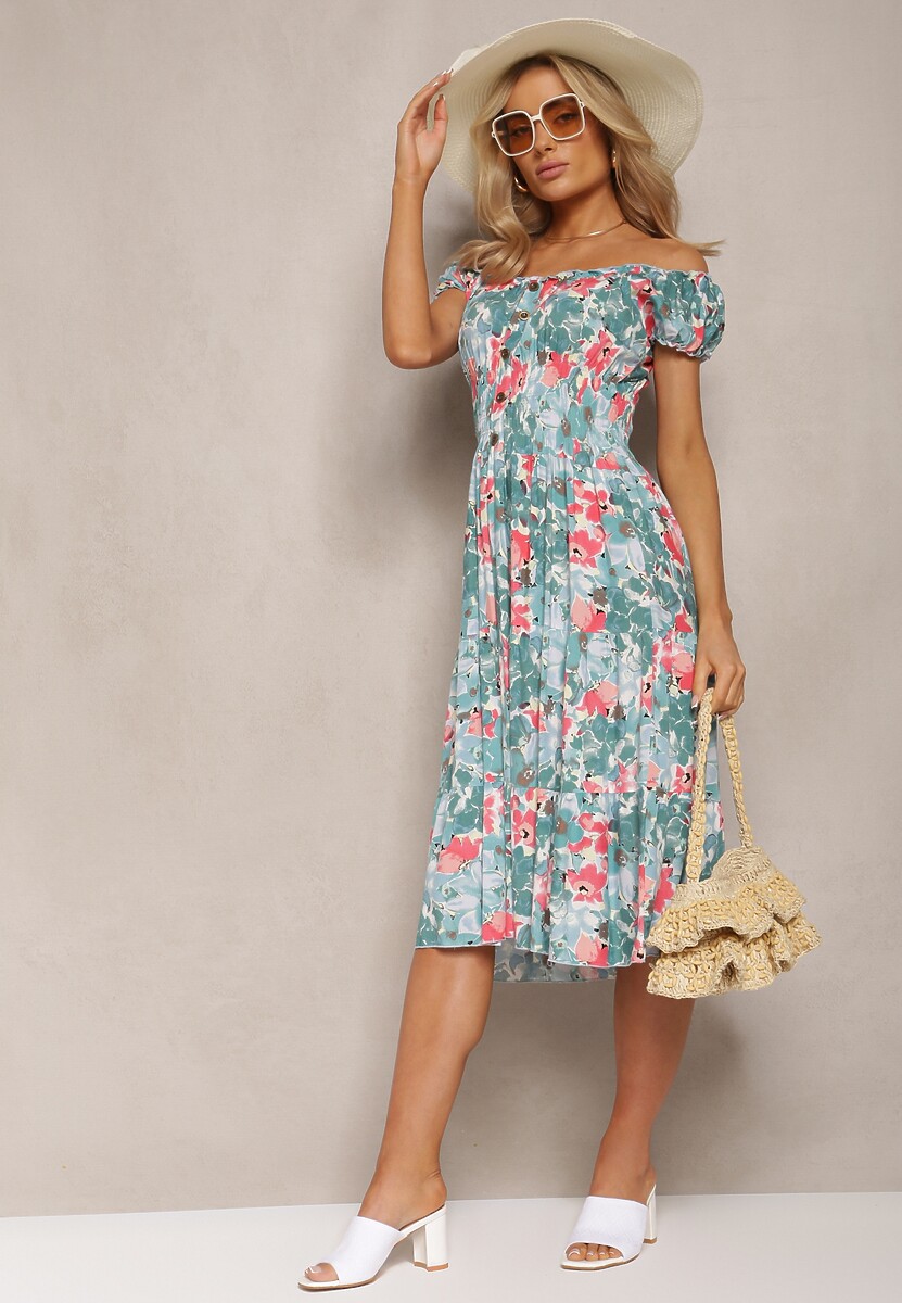 Zielono-Niebieska Sukienka Midi z Krótkim Rękawem z Wiskozy w Kwiaty Emena