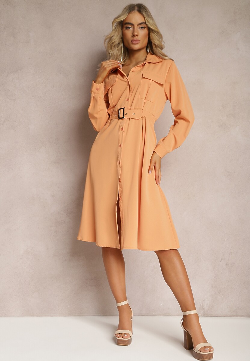 Pomarańczowa Koszulowa Sukienka Midi z Paskiem w Komplecie Neboa