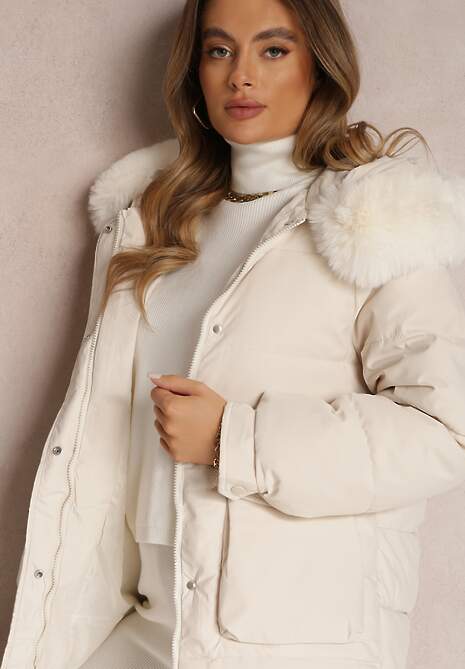 Jasnobeżowa Kurtka Pudełkowa z Odpinanym Futerkiem Bastebius