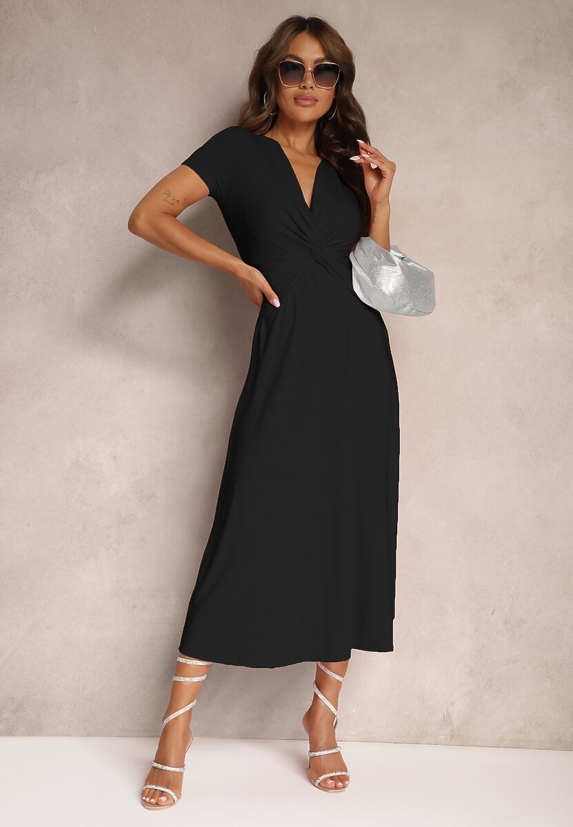 Czarna Sukienka o Taliowanym Kroju z Imitacją Węzła i Trójkątnym Dekoltem Telvitela